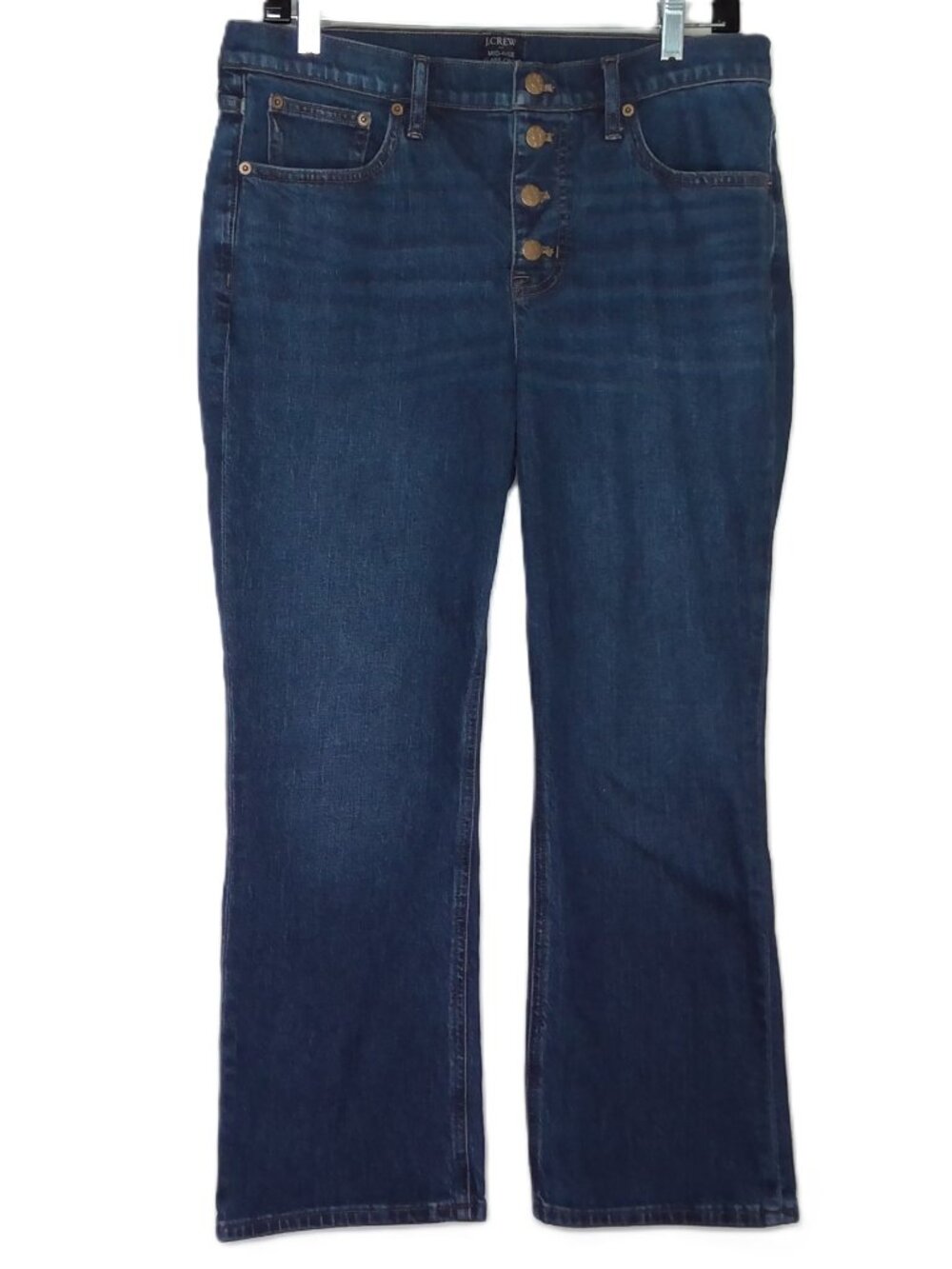 J Crew Blue Jeans Button Fly Crop Mid-Rise Flare Dark Wash Stretch Denim Sz 29